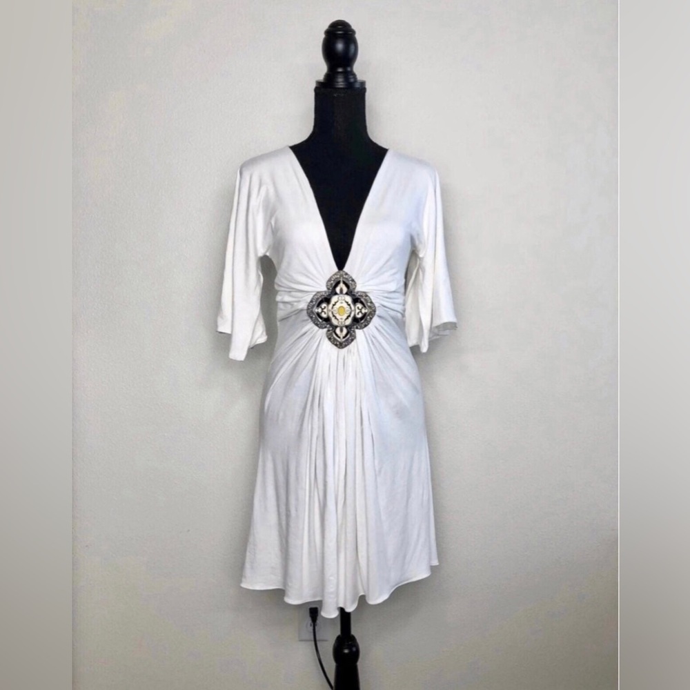 Jagger White Cotton Fit n Flare Summer Dress with Metal Medallion Centerpiece